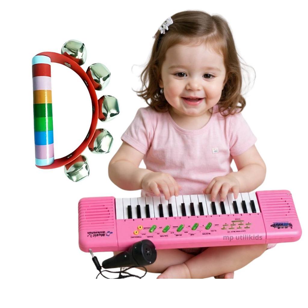 Kit Pandeiro Chocalho Teclado Rosa Infantil Microfone Piano Instrumento Educacional Guizos