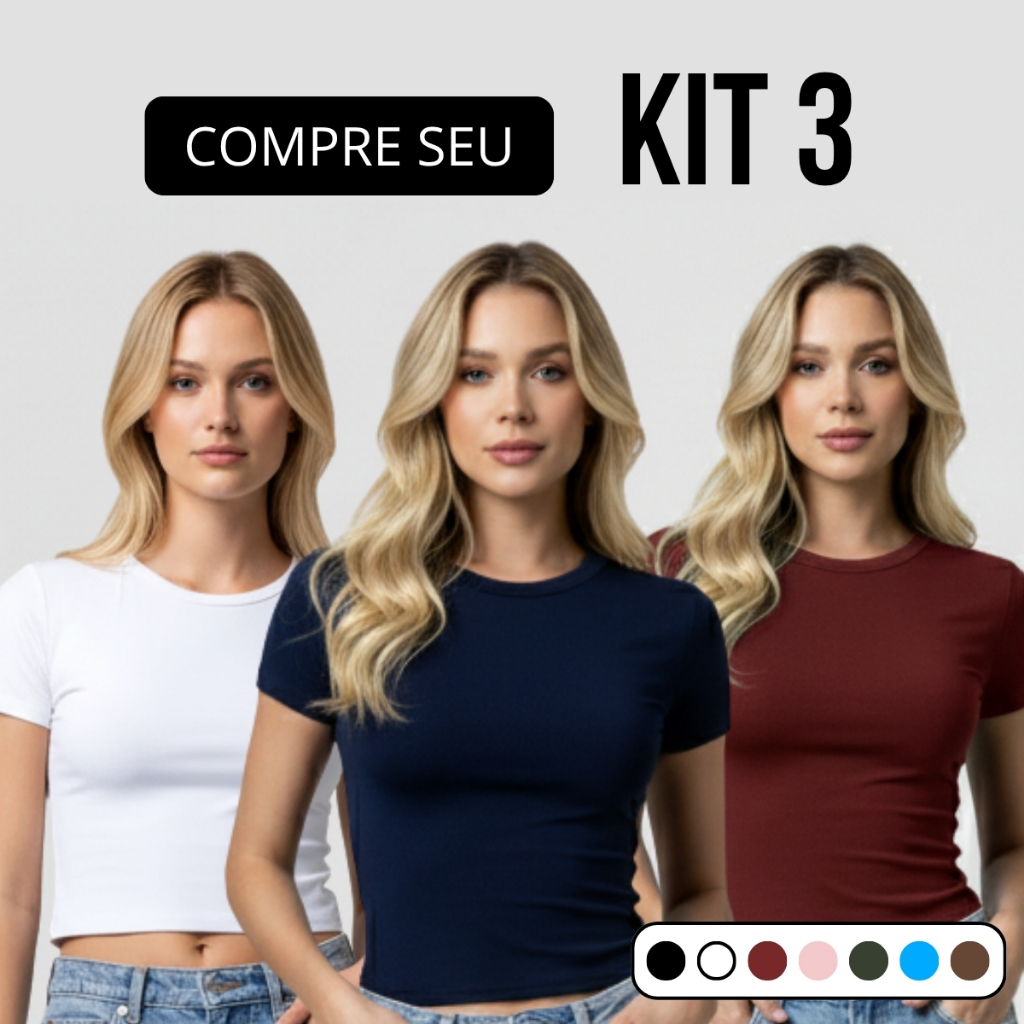 Kit 3 Baby Tee Feminina - Blusa Slim Fit Manga Curta Blusa de Compressão Várias Cores Ajuste Perfeito