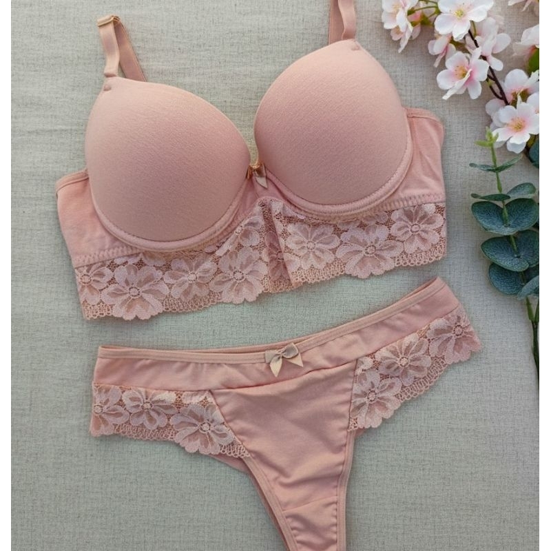 Conjunto Lingerie 100% Algodão Confortável Sutiã Bojo Renda Delicada Calcinha Fio Duplo Conforto
