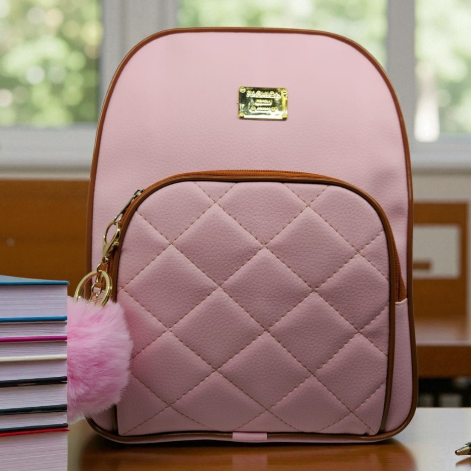 Mochila feminina mediana estilosa casual elegante & acompanha pompom em Oferta na Shopee
