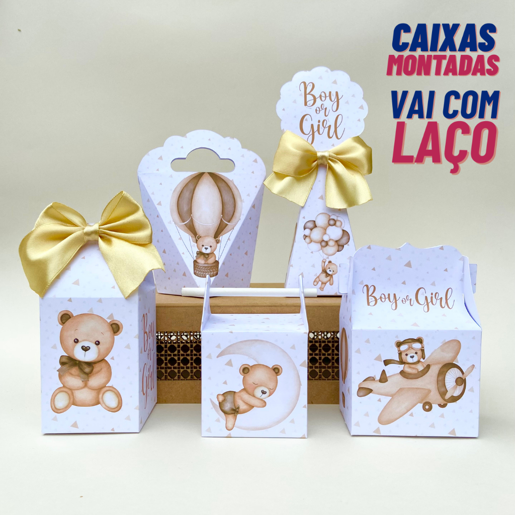 Kit Personalizado Chá Revelação Ursinho - CAIXAS MONTADAS - Lembrancinha - Chá de Bebê Nude Branco Neutro - Festa
