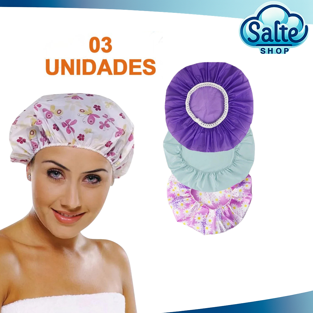 Kit 3 Toucas Para Banho Com Elástico Impermeável Tintura Hidratação Várias Estampas
