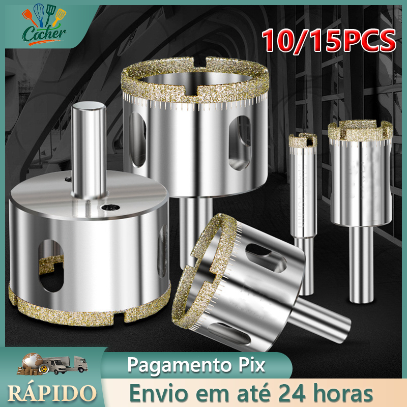 Jogo 10/15 Brocas Diamantadas Serra Copo furar Vidro Granito Ceramica 6 a 50 mm kit ferramentas