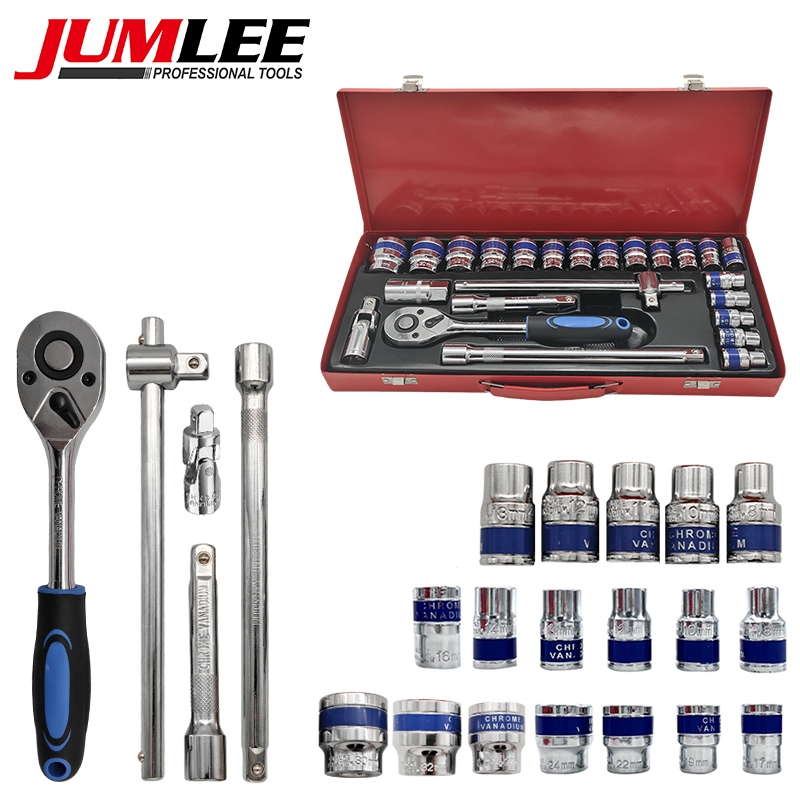 Kit De Ferramentas 24 Peças 1/2 Soquete Catraca Aço Cr-V Com Maleta Metálica Junção Universal 360° AL-027