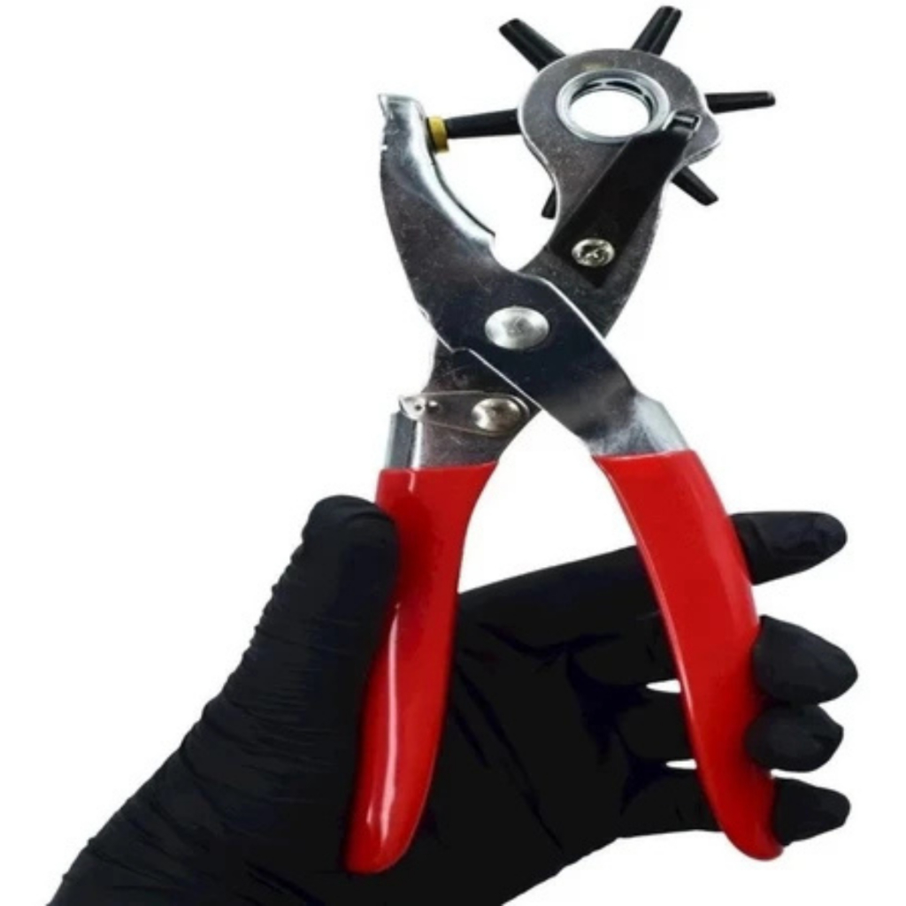Alicate Perfurador de Couro 6 em 1 – Ajustável para Cintos, Couro, Tecido e Plástico