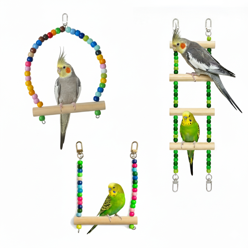kit 3 acessórios brinquedos calopsita, agapornis, periquito e outras aves