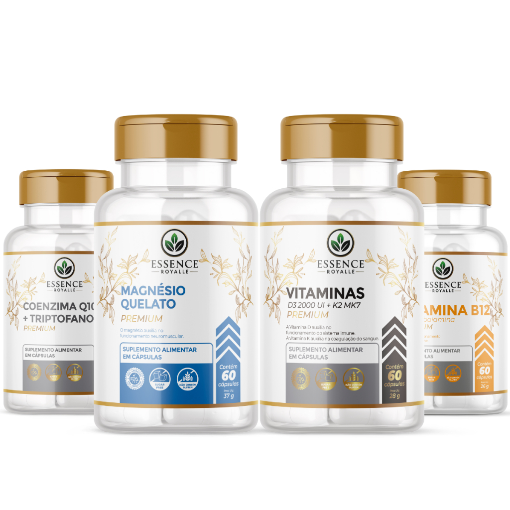 Kit 4 Suplementos: Coenzima Q10 com Triptofano, Magnésio Quelato, Vitamina B12, Vitamina D3 + K2 MK7