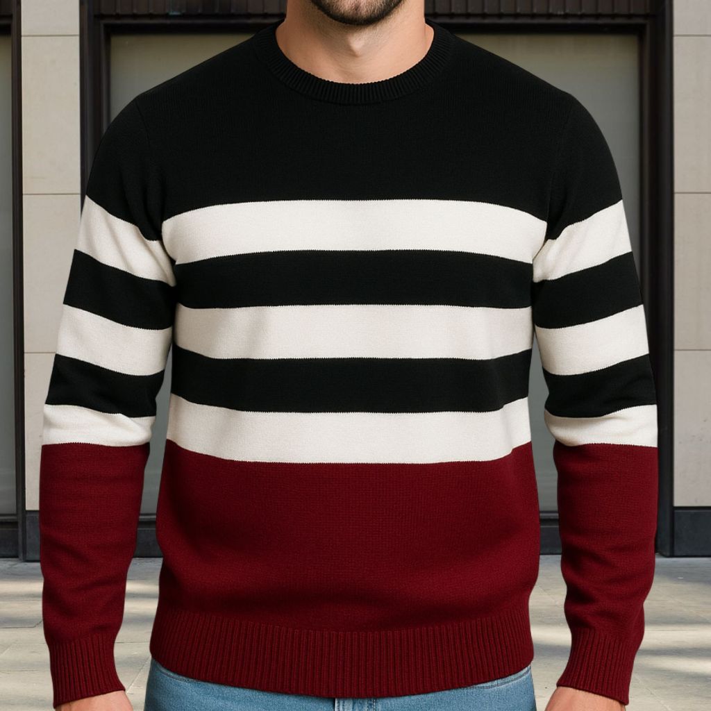Blusa de Frio Sueter Tricô Lã Com Listras Sueter Agasalho Gola Redonda Masculina Inverno Aristides