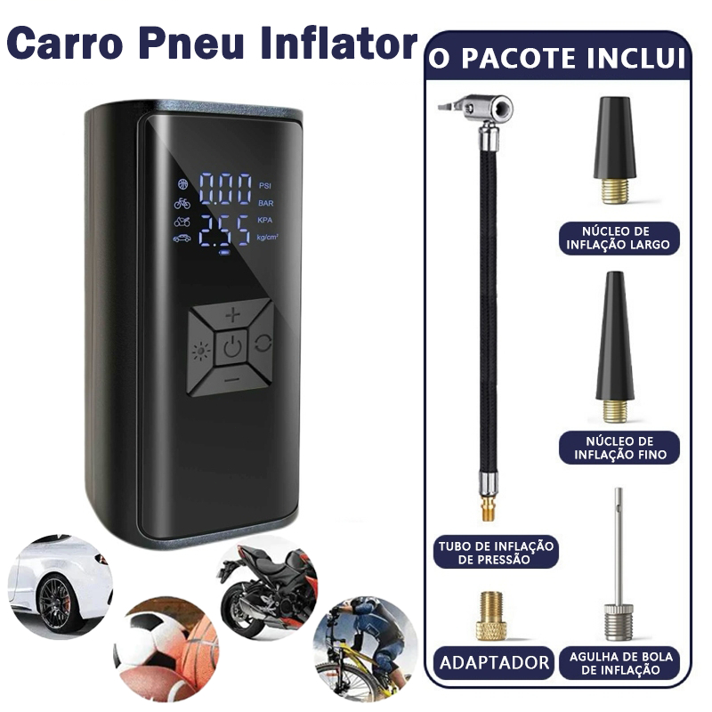 Compressor Portatil Pneu Carro Inflator Multi-função Inflator Power Bank- 12V USB para CarroMoto bomba de ar