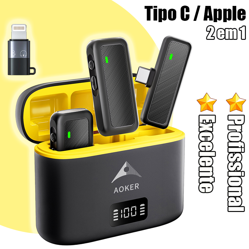Microfone de Lapela Sem Fio Profissional com Cancelamento de Ruído para iPhone/Android/Type C Gravação e Lives