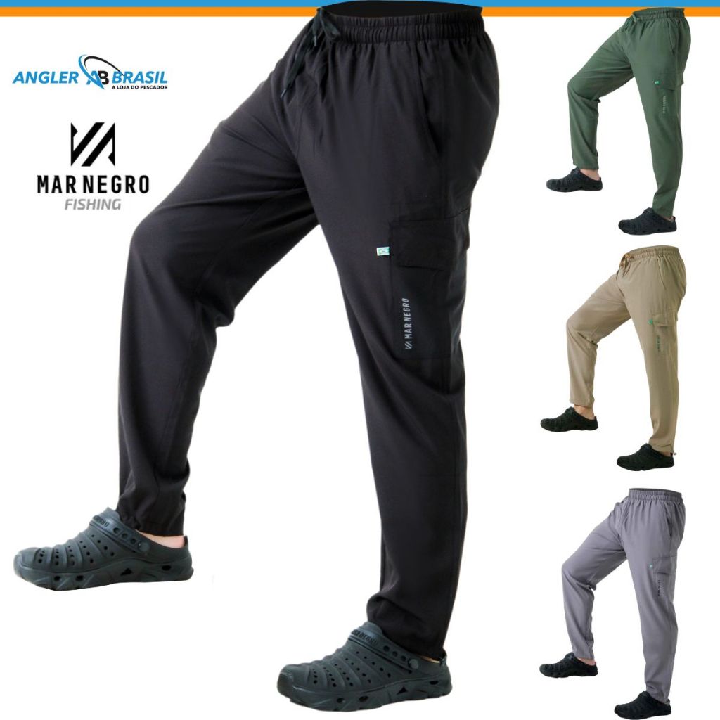 CALÇA DE PESCA MASCULINA FLEX COM PROTEÇÃO UV TECIDO LEVE PESCARIA TRILHA MAR NEGRO