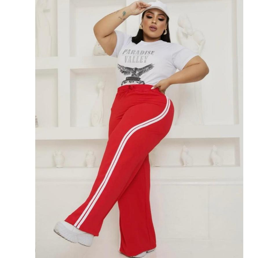 Plus size Calça pantalona track risca/faixa/ listra lateral em Oferta na Shopee