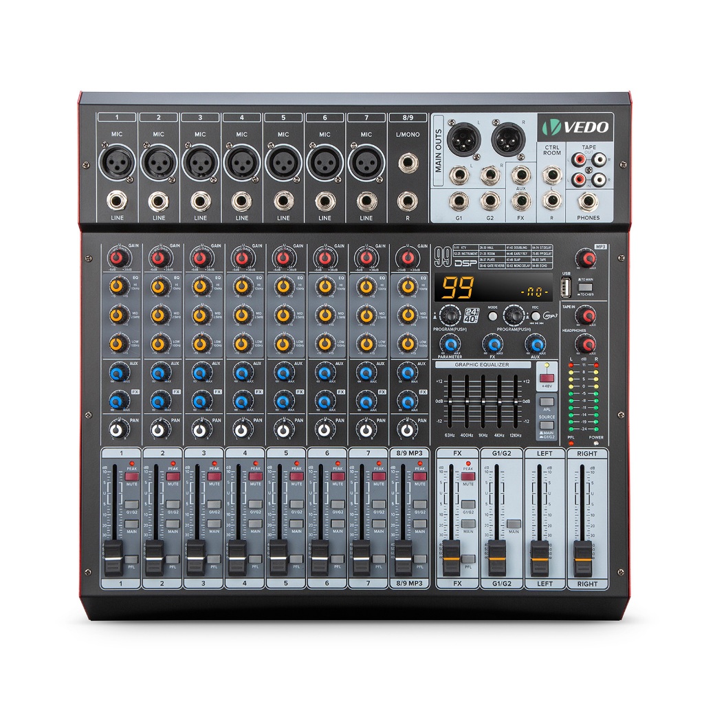 VEDO Mesa De Som 9 Canais Com Amplificador RMS 500W *2 99DSP Mixer De áudio Bluetooth/USB/PC/MP3 2 Auxiliares 110/220V em Oferta na Shopee