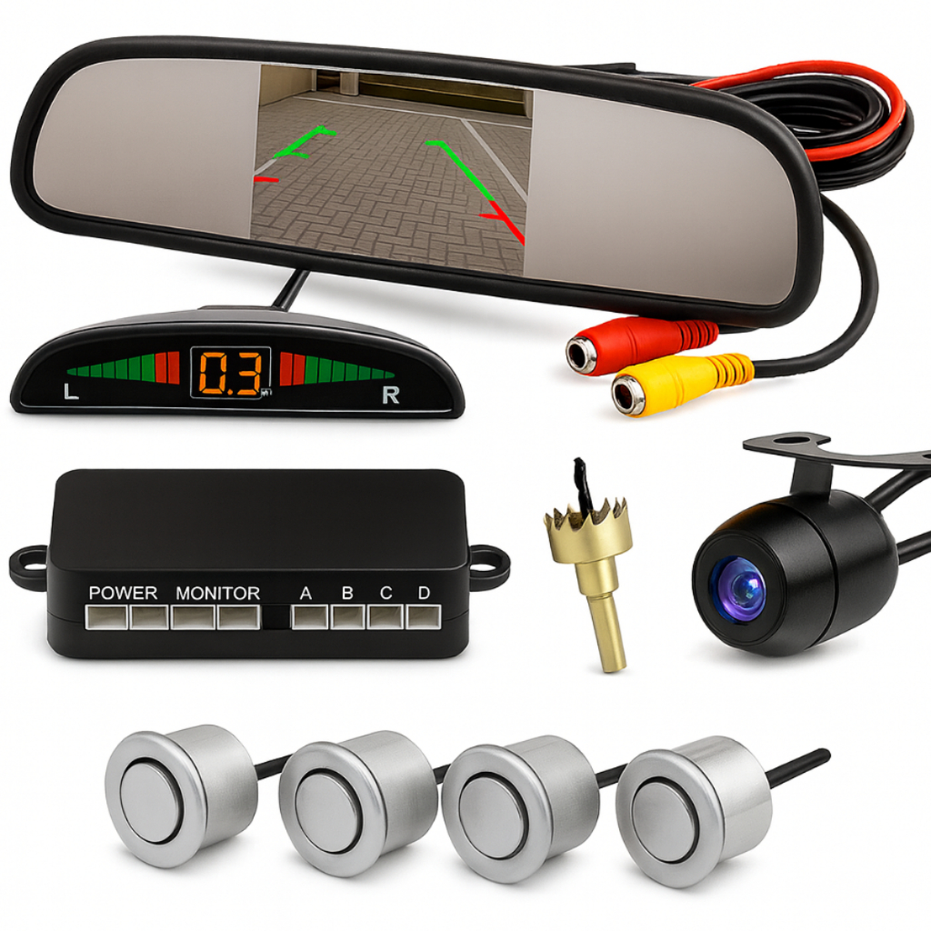 Kit Retrovisor Câmera de Ré Sensor Estacionamento Estacionar Carro Automotivo Prata Cinza 18mm
