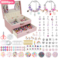 Kit Pulseira Infantil DIY 6800 Peças Caixa Joias Miçangas Pingentes Fazer Pulseiras Colares Presente Menina Aniversário