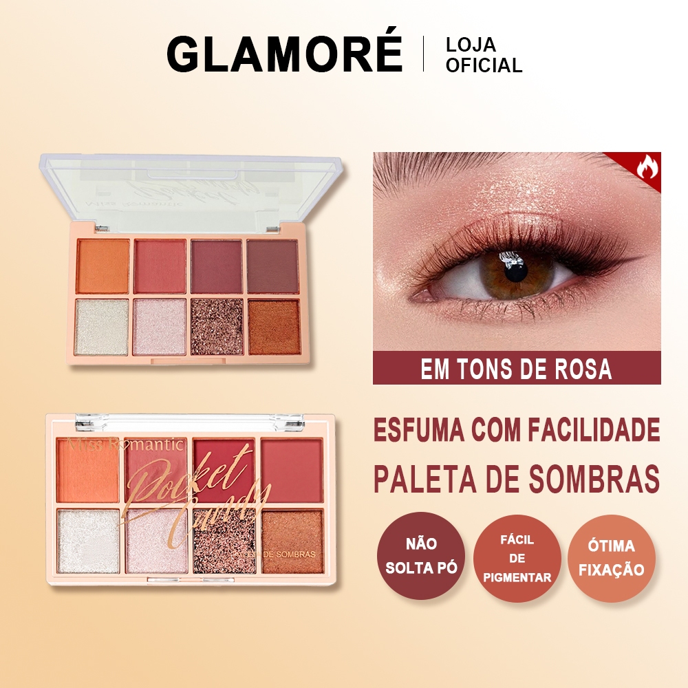 Paleta de Sombras Miss Romantic Pocket – 8 Cores – Alta Pigmentação – Glitter – Nude / Rosé / Bronze