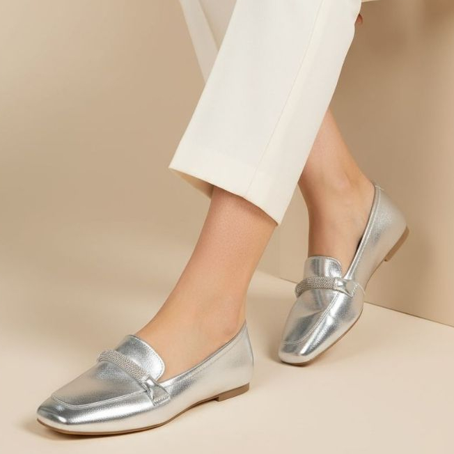 Sapatilha Feminina Mocassim Strass Confort Bico Quadrado Prata