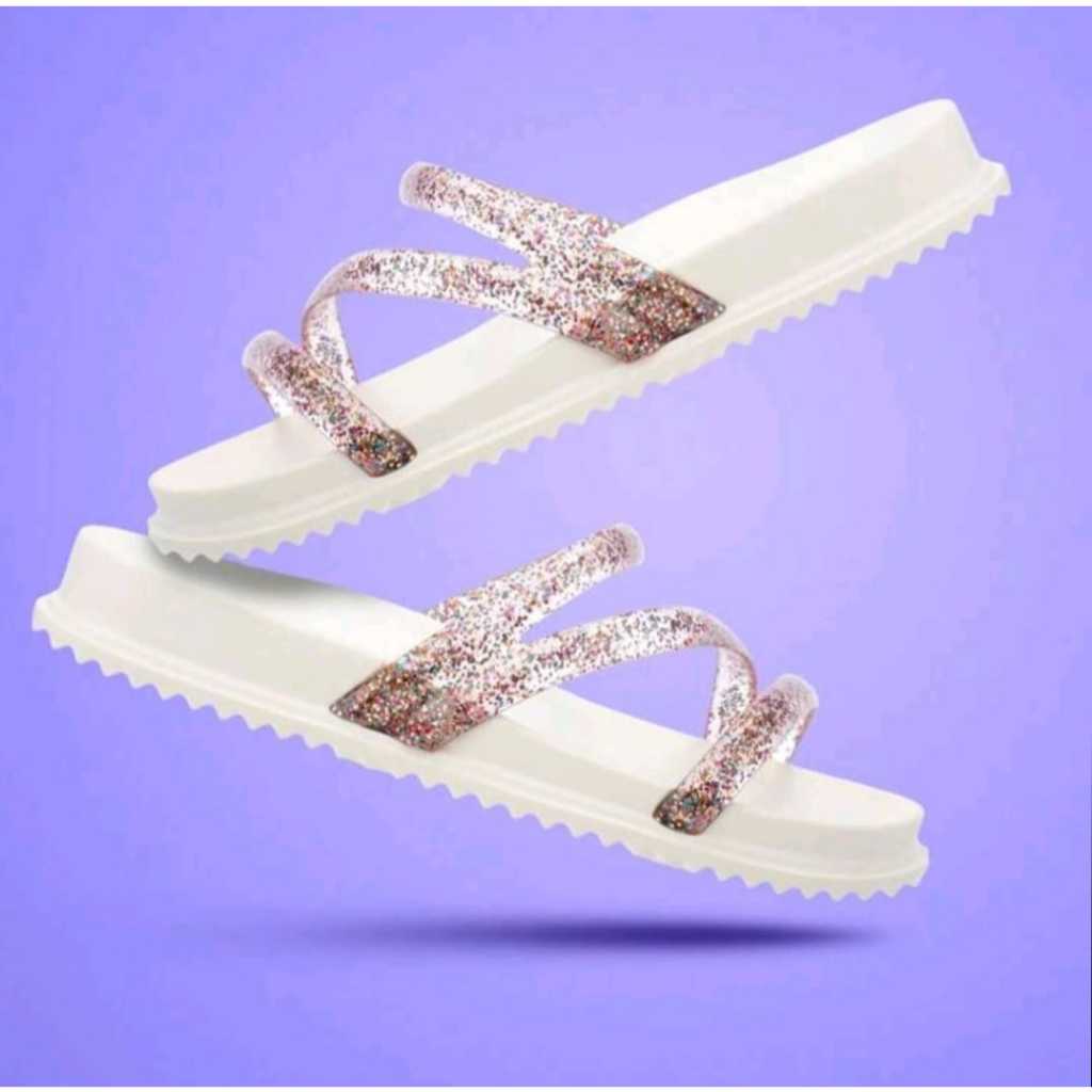 sandalia birken femenina com tiras brilhantes rasteira em Oferta na Shopee