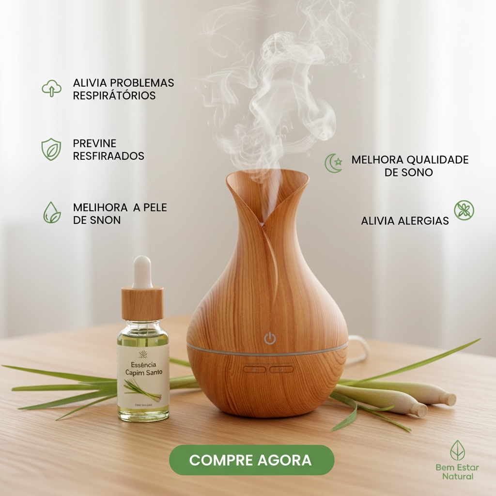 Umidificador Aromatizador Difusor de Ar Madeira LED USB Silencioso Relaxante Casa e Escritório