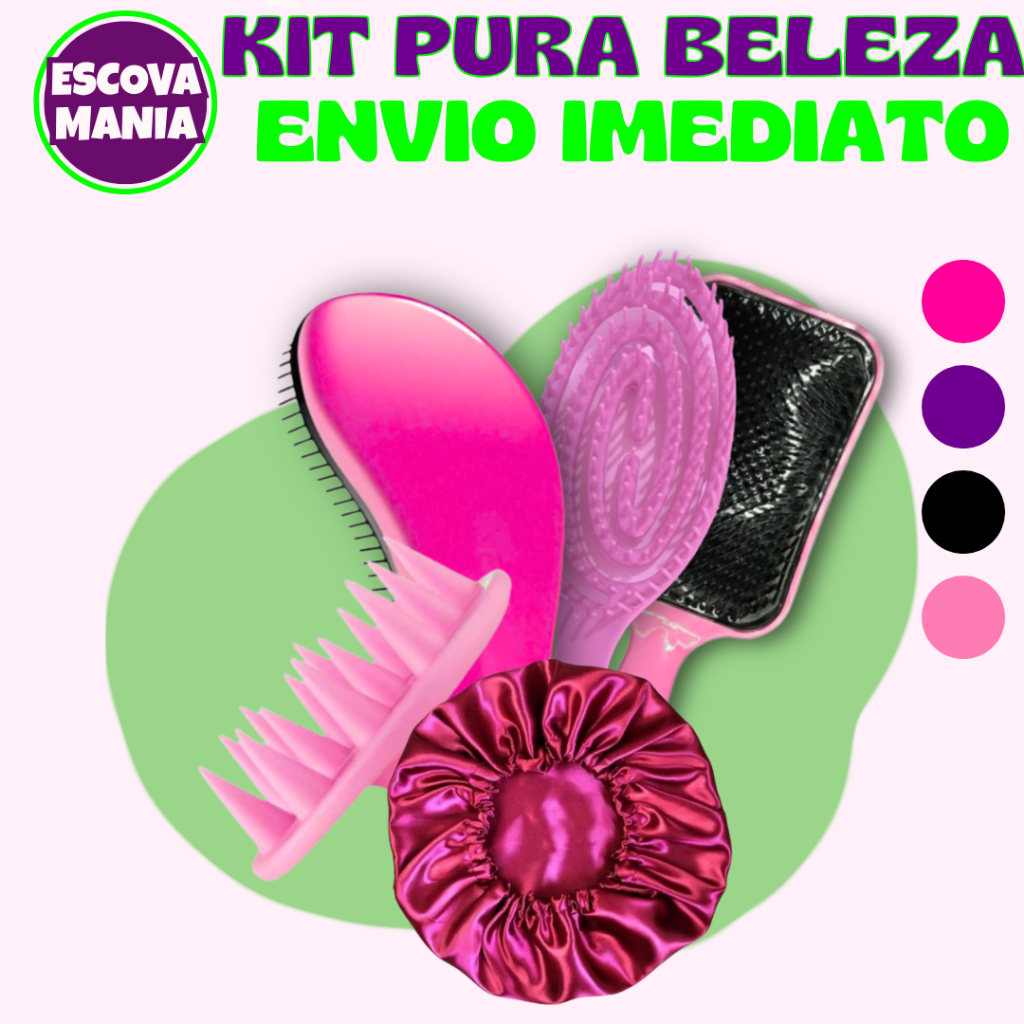 Kit Pura Beleza 5 Itens - Escova Mágica + Escova Raquete + Escova Oval + Escova Massageadora + 1 Toca de Cetim em Oferta na Shopee