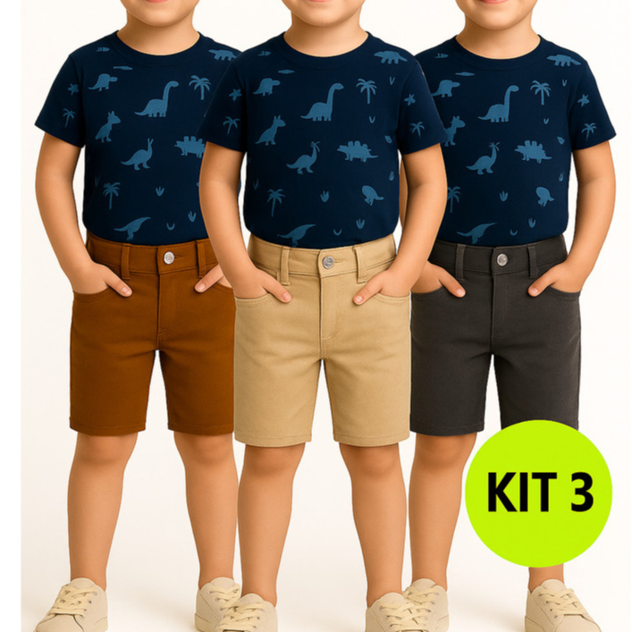 KIT 3 Bermuda Infantil Juvenil Short Menino Jeans e Brim Com Regulardor De Cintura