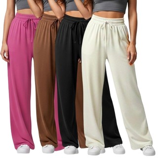 Calça Tecido Leve Pantalona Feminina Estilo Wide Leg Feminina Básica Kit 3 Contemporânea Fashion
