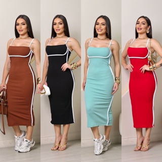 Vestido Feminino Midi Bicolor Canelado Anarruga Fenda Verão Tendência em Oferta na Shopee