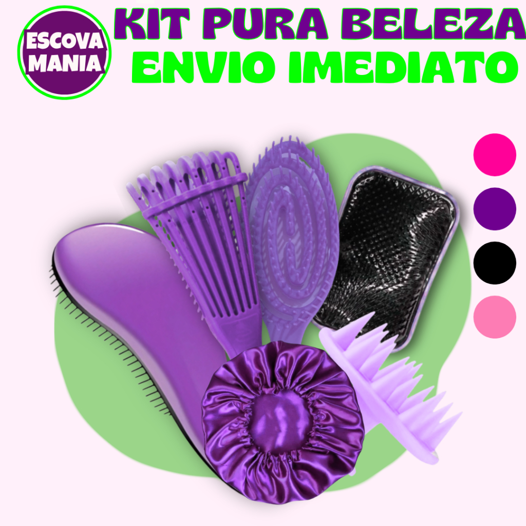 Kit Pura Beleza 6 ITENS  _1Escova Mágica + Escova Raquete + Escova Oval + Escova Polvo + Massageadora + 1 Toca de Cetim