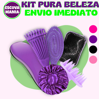Kit Pura Beleza 6 ITENS  _1Escova Mágica + Escova Raquete + Escova Oval + Escova Polvo + Massageadora + 1 Toca de Cetim em Oferta na Shopee