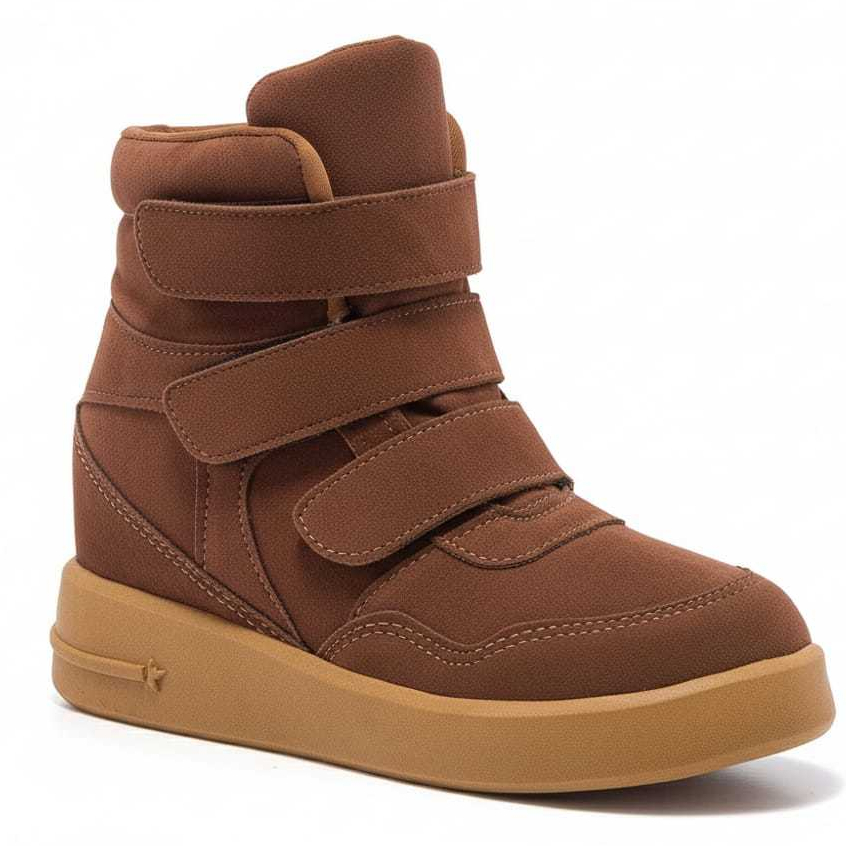 Tênis Feminino Sneaker Salto Alto Camurça Cano Alto Botinha Moda Confortável Velcro Casual Dia Dia