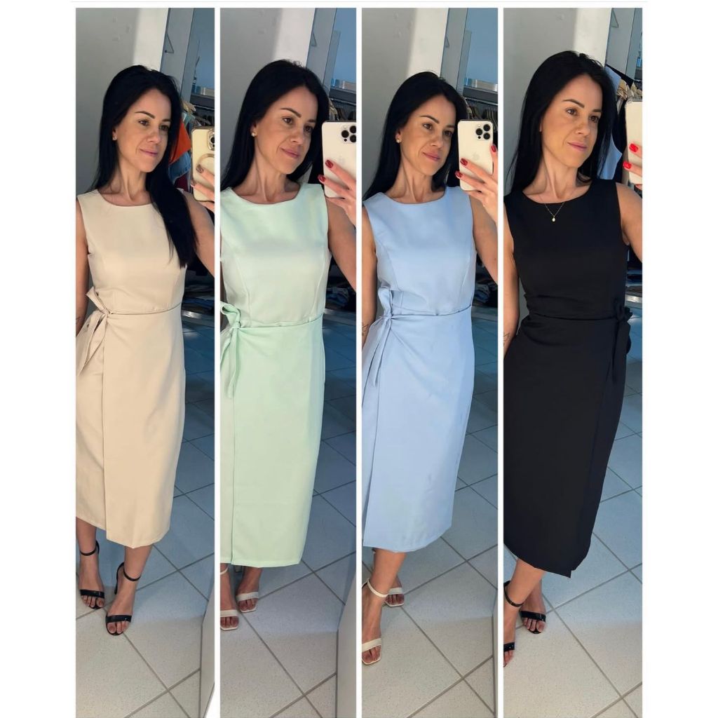 Vestido Feminino Alfaiataria Midi com Amarração Lateral Elegante em Oferta na Shopee