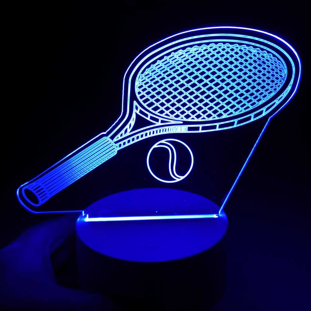 Abajur Luminária Raquete Tenis Bola Esporte Led 3D de Mesa ac0259 Luz Noturna Presente Criativo para tenista jogador de