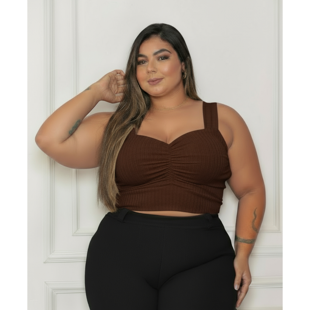 CROPPED PLUS SIZE COM ALÇAS LARGAS E DETALHE FRONTAL FRANZIDO COM FORRO em Oferta na Shopee