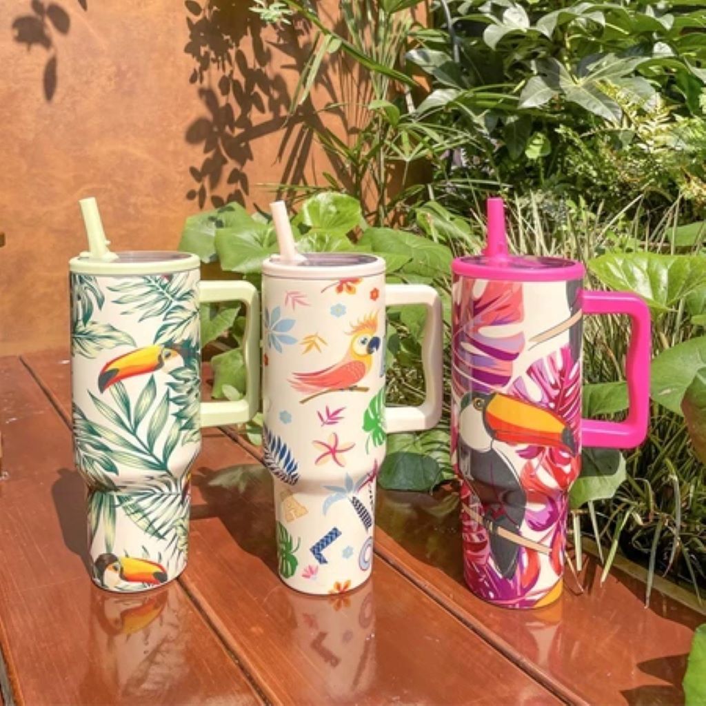 Garrafa Térmica Alça e Canudo Personalizado Estampado Fauna - 1200ML