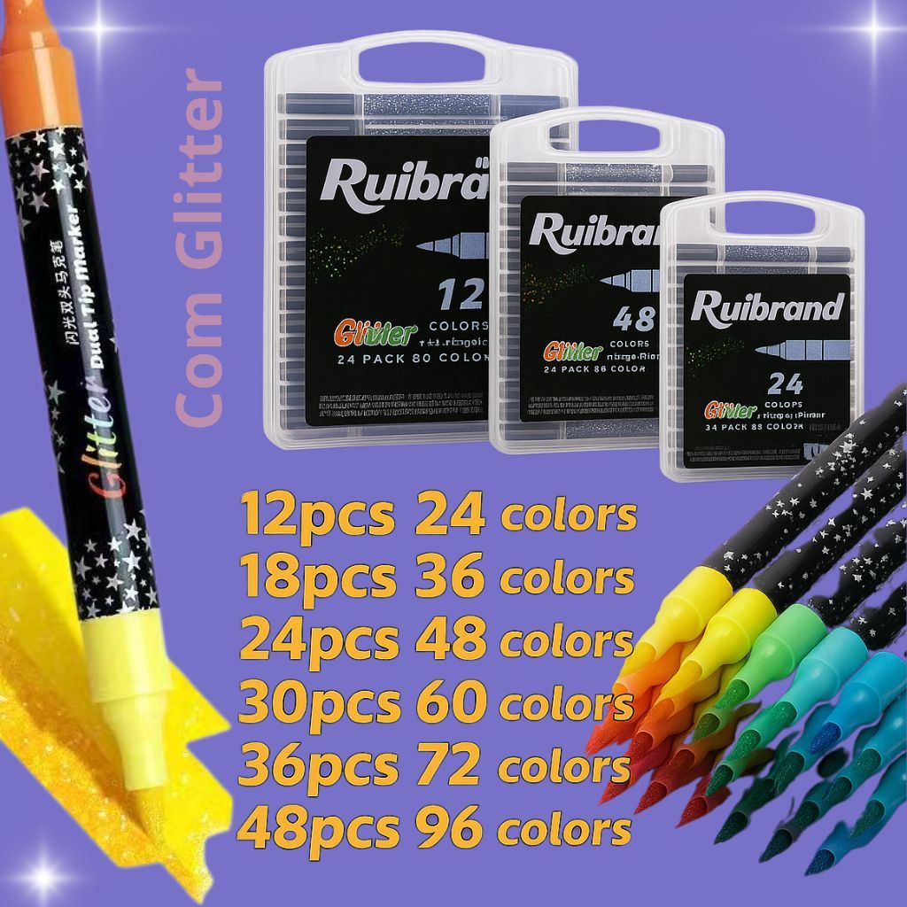 Canetas Marcadoras Glitter 2 Pontas – 24 a 48 Cores