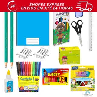 KIT MATERIAL ESCOLAR BASICO 12 ITENS em Oferta na Shopee