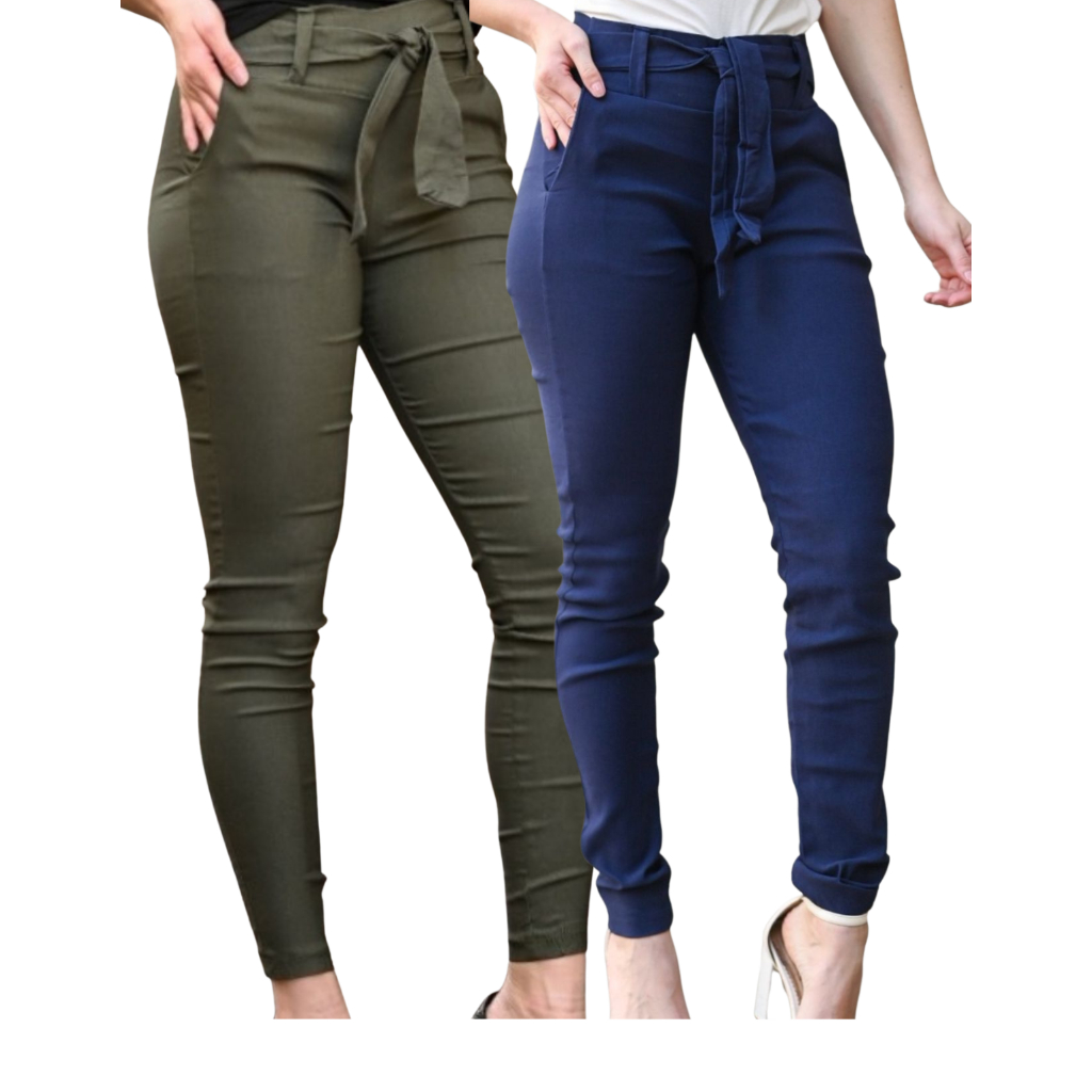 Kit 2 Calças Social Feminina Bengaline Clochard Cinto Laço Cintura Alta 2 Bolsos Lycra em Oferta na Shopee