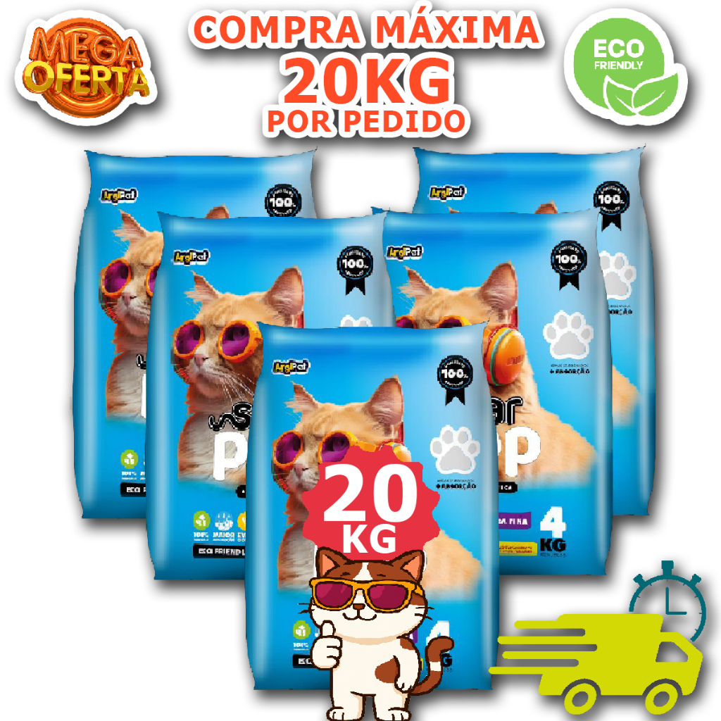 Kit 20 kg areia sanitaria extra fina higienica natural argila ecologica absorvente para gatos