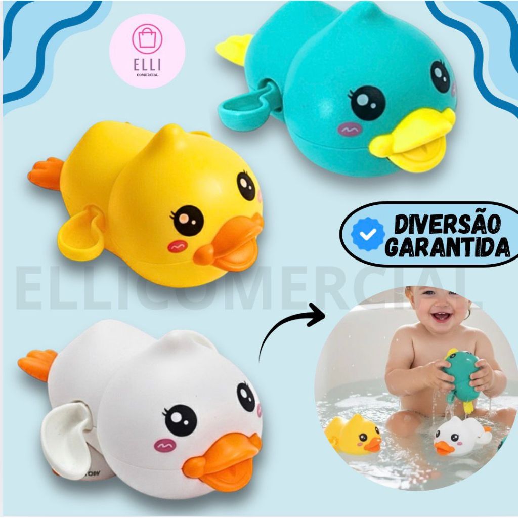 Kit Banho Patinho Divertido Brinquedo A Corda Que Nada Na Água Sozinho Banheiro E Piscina Bebê