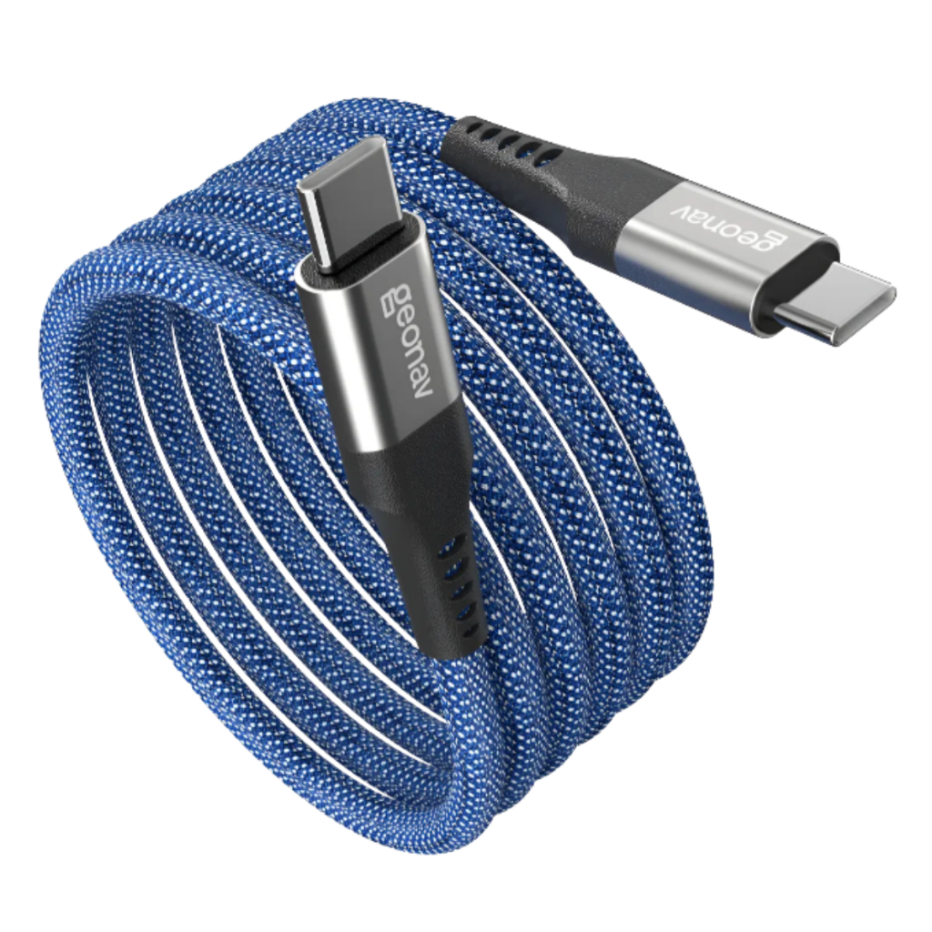 Cabo USB-C 100W Geonav com Organizador Magnético – Nylon Azul Reforçado