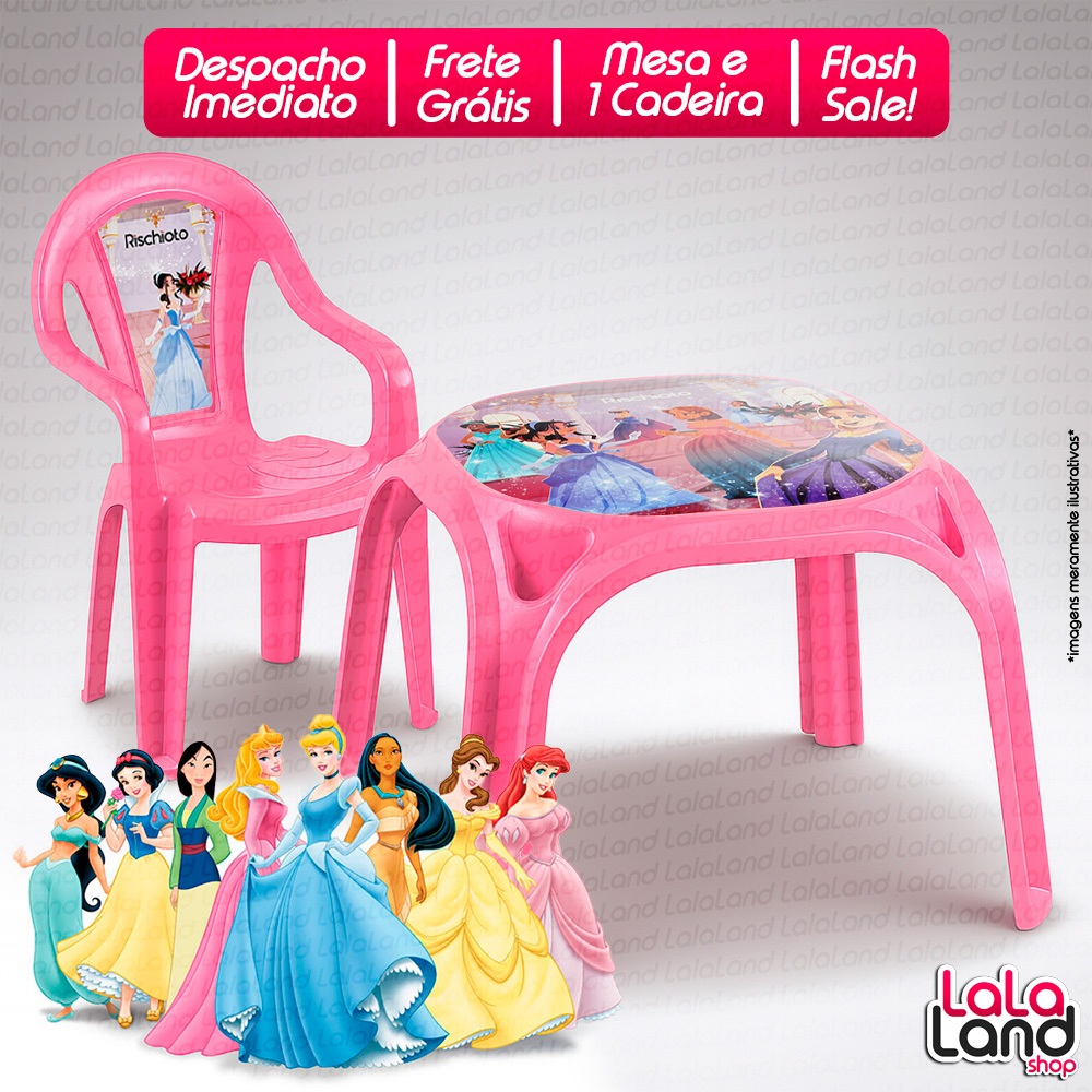 Kit Mesa Mesinha 1 Cadeira Poltrona Infantil Escolar Estampada Brinquedo Didático Decorada Princesa e Carros Disney