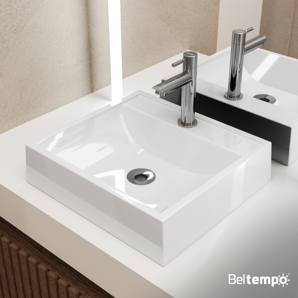 Cuba Pia De Apoio Quadrada 40x37cm Ônix Para Banheiro E Válvula Beltempo