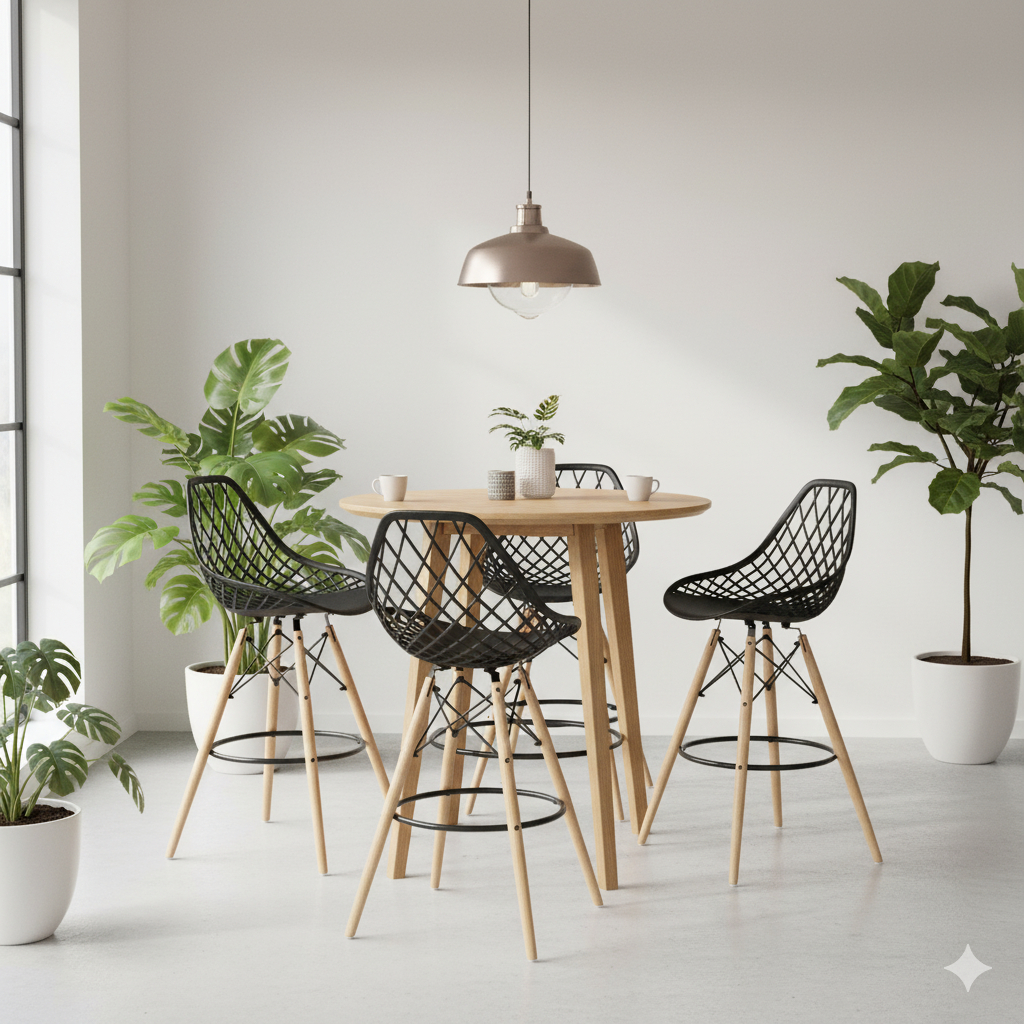 Kit 4 Banquetas Kaila Base Madeira Apoio Pés Alta Bar Bancada Bistrô Cozinha - La Mobilia em Oferta na Shopee