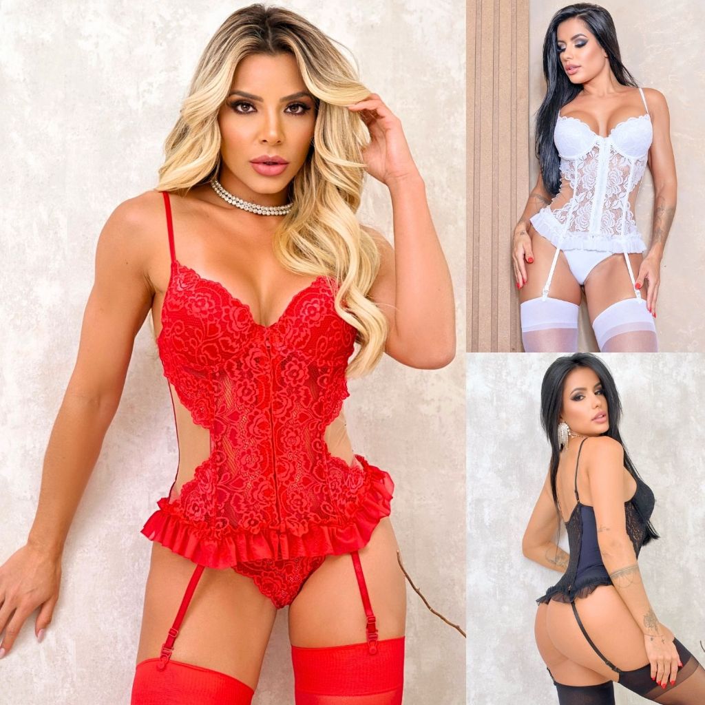 Espartilho Modelador Sensual Afina Cintura Sensual Corset Sexy Completo Cinta Liga Meia 7/8 Promoção