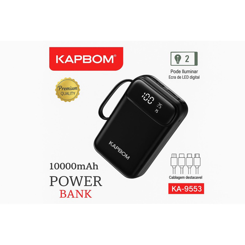📌 Power Bank Kapbom KA-9553 – 10000mAh • Carregamento Rápido • Display LED