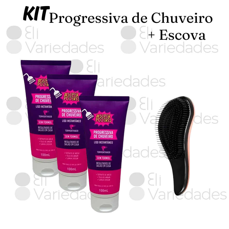 KIT COM 1 OU 3 PROGRESSIVA/ ESCOVA  DE CHUVEIRO SUPER PODERES  SEM FORMOL + ESCOVA MÁGICA - CABELO LISO INSTANTÂNEO