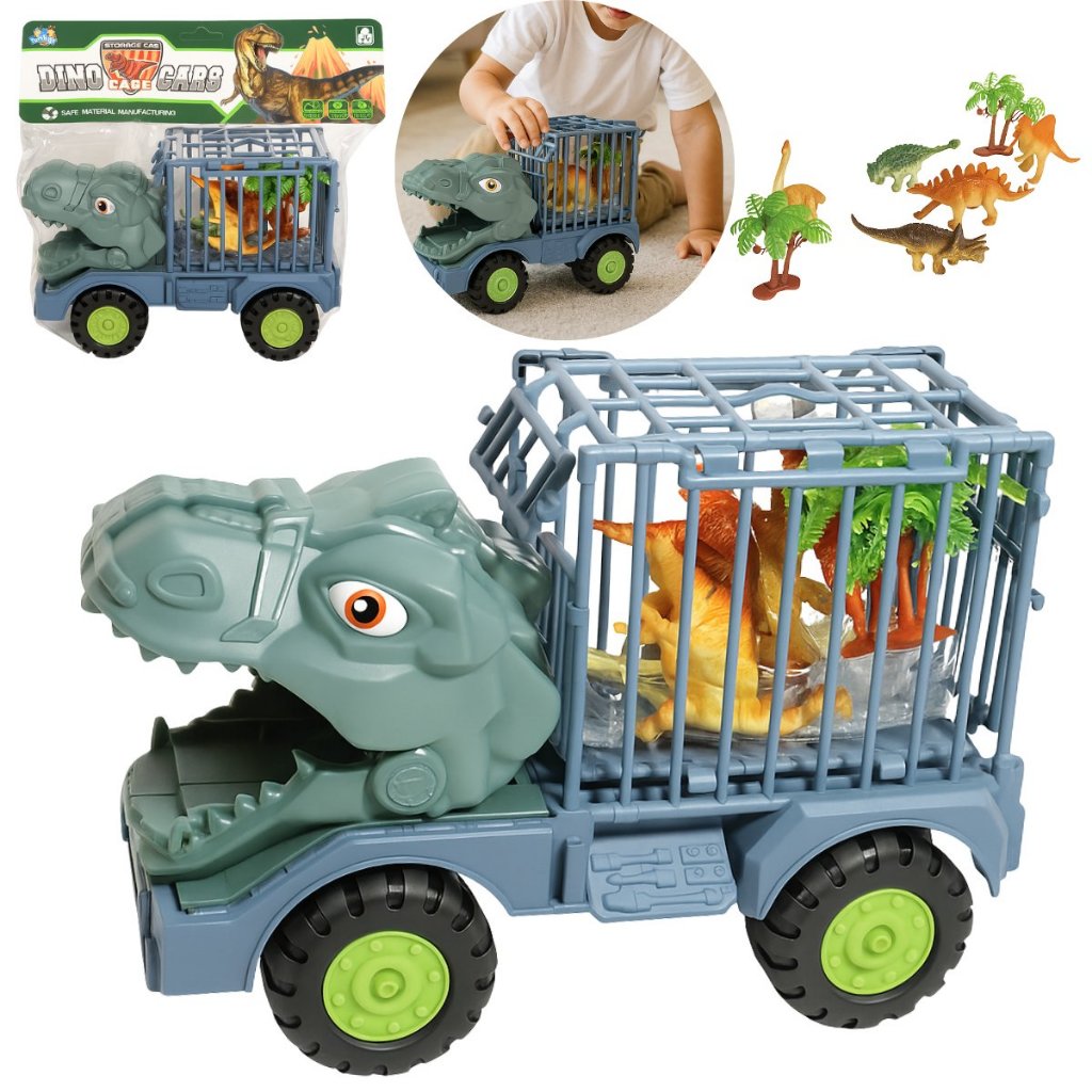 Caminhão Carrinho Jaula Safari Brinquedo Com 5 Dinossauros