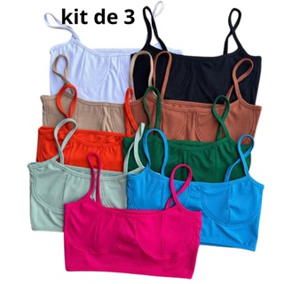 kit de 3 Cropped Blogueira Poliamida Sem Bojo Meia Taça Top Moda Verão Alça Fina Feminino crop copet em Oferta na Shopee