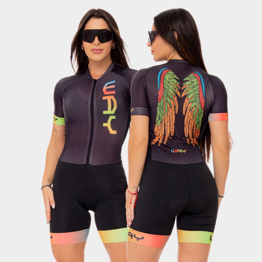 Macaquinho Ciclismo Feminino Macacão Asas Forro Gel Acolchoado Manga Curta Roupa Bike Pedal Mtb