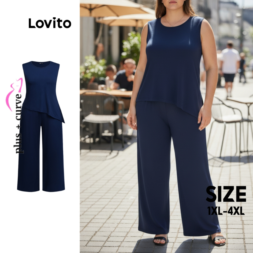 Lovito Conjunto Casual Feminino Plus Size Liso LB625BRL655 em Oferta na Shopee